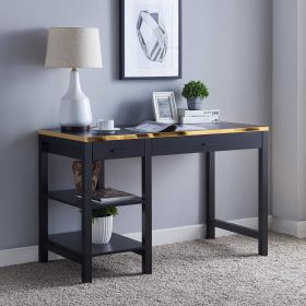 Elegant Black & Gold Office Desk with Two Drawer, Two Bottom Storage Shelves