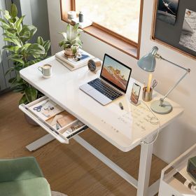 Glass tabletop standing desk\nWhite