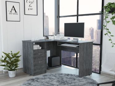 Mix L-Shaped Desk; Keyboard Tray; Two Drawers; Single Open Shelf -Smokey Oak