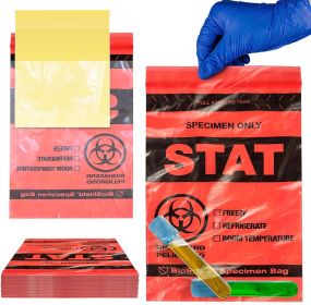 Pack of 100 STAT Specimen Bags 3 Wall Red and Black 6 x 9 Zipper Bags 6x9 Thickness 2 Mil Attached Document Pouch Printed Lab Transport Bags for Packa