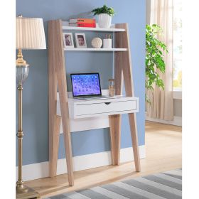 Ladder Desk Two- Tone, Home Office Study Desk with Drawer and Two Shelves in White & Weathered White