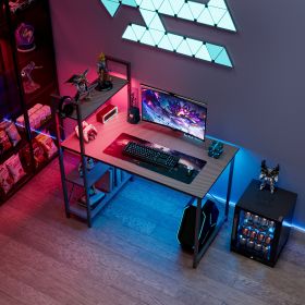 Gaming Desk with LED Lights, PC Gamer Desk for Small Spaces, Computer Desk with Reversible Storage Shelves, Carbon Fiber Black